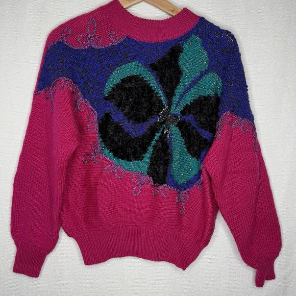 Jaclyn Smith Sweaters - VTG 90s Jaclyn Smith Beaded Floral Sweater Womens S Pink Purple‎ Knit Retro Glam